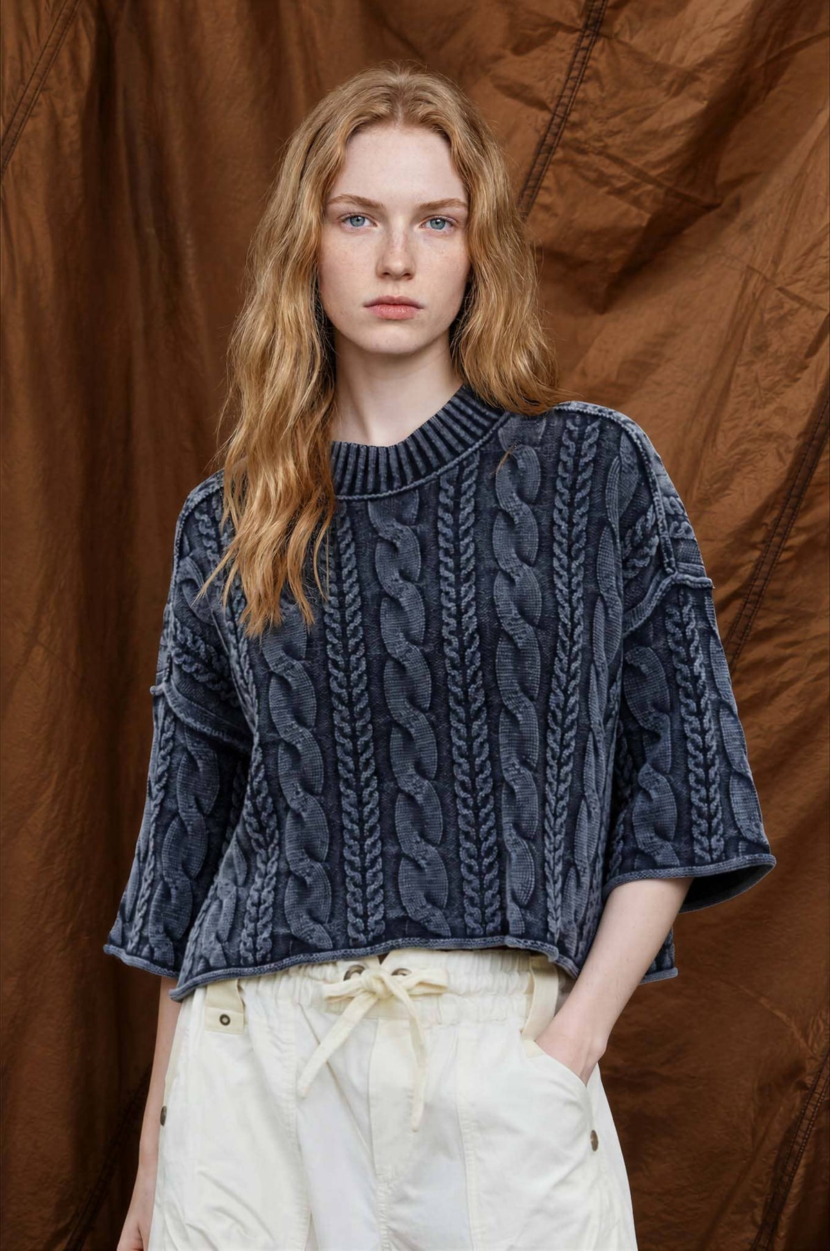 Washed Cable Knit Cropped Turtleneck Sweater | Boutique Apparel