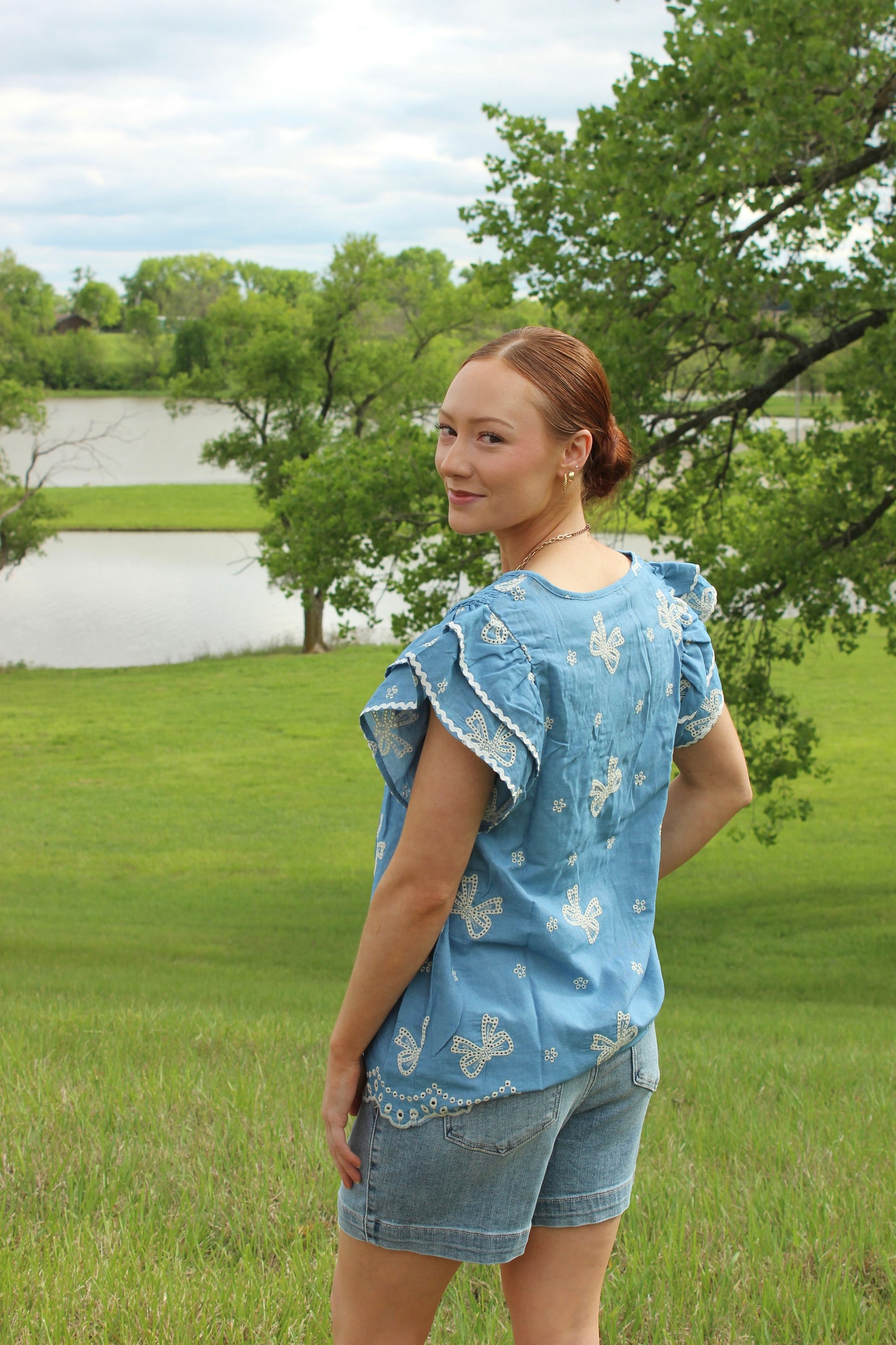 Denim Blue Bow Embroidery Top