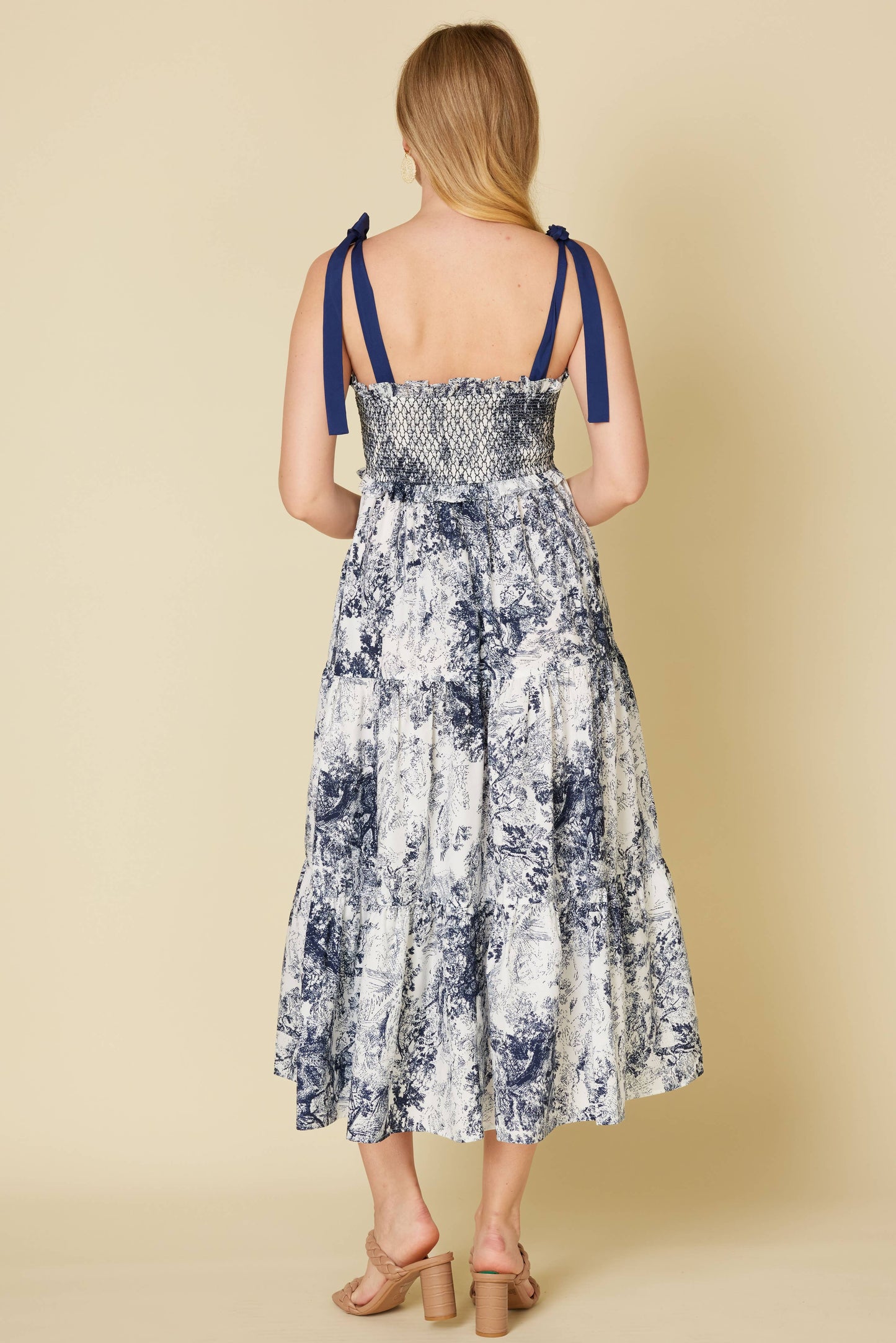 Blue White Pattered Midi Dress Tie Shoulders