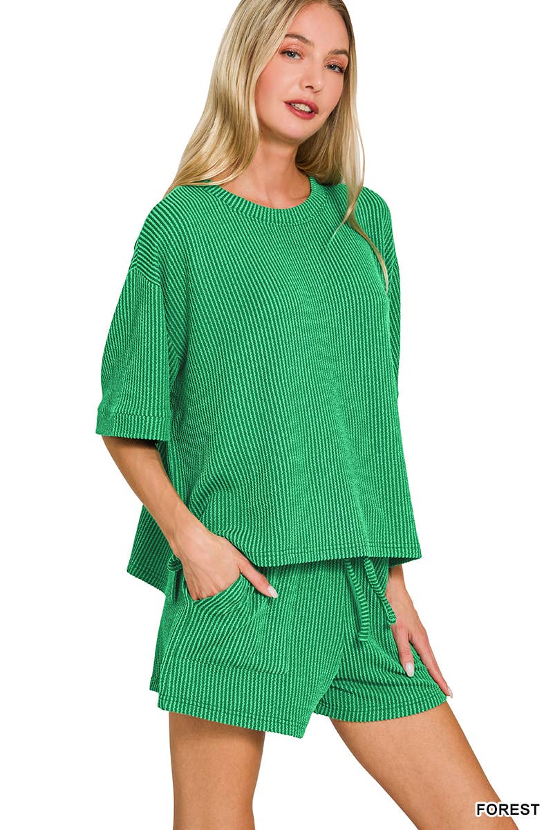 Corded Rib Half Sleeve Tee & Shorts 2PC Set
