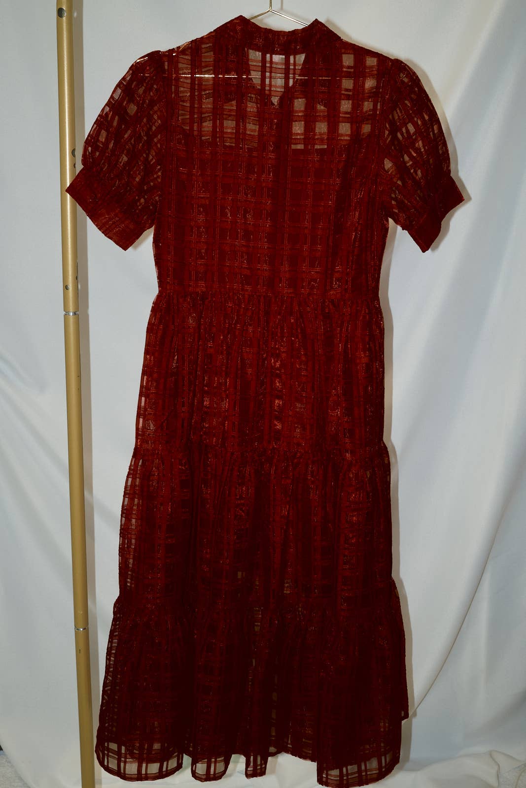Puff Half Sleeve Sheer Checkered Tiered Shirt Midi Dress