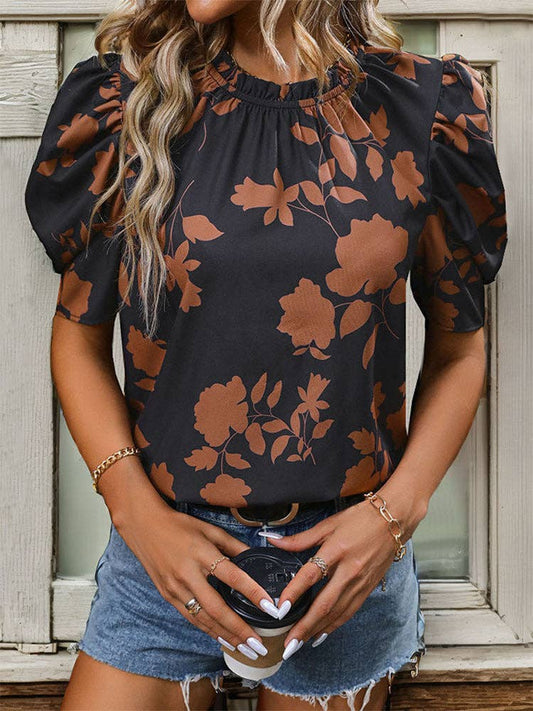 Black Tan Floral Print Puff Sleeve Blouse Chic Classic | Queen Bee Boutique
