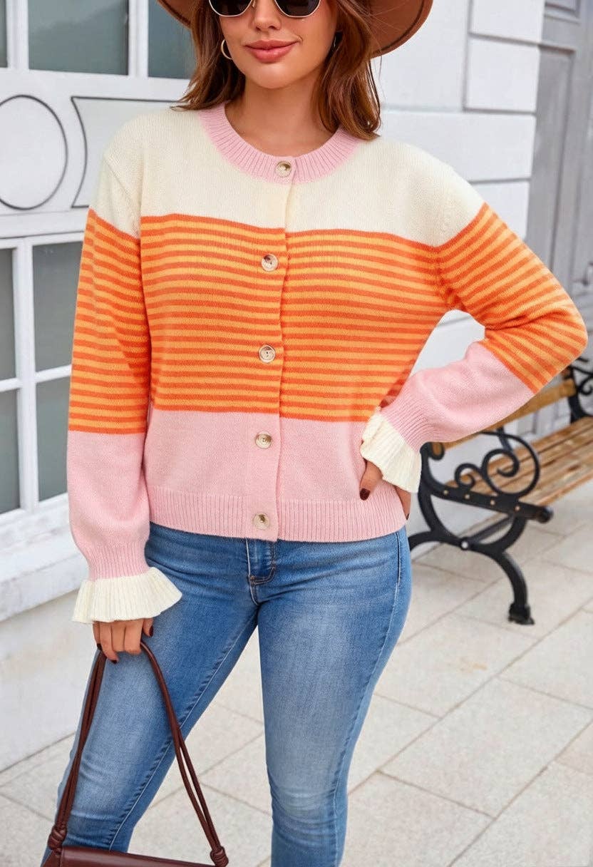Contrast Stripe Button Front Cardigan