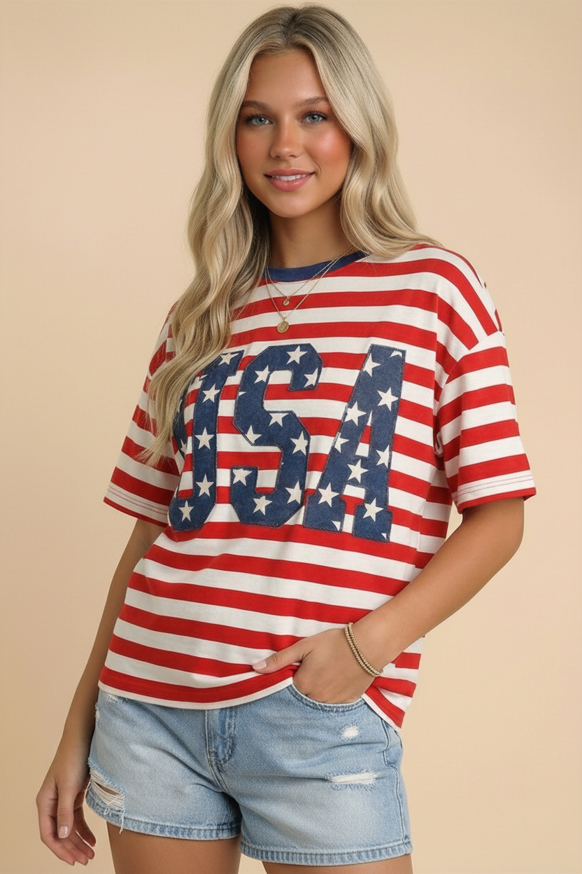 Current: USA 250th Anniversary Commemorative Oversized STRIPE Tee Optimized: USA 250th Anniversary Commemorative Oversized Striped Shirt – Patriotic Patch Lettering Top