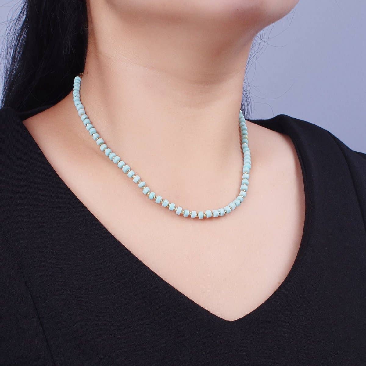 Gold Blue Turquoise Rondelle Heishi Gold Spacer Beads 16 Inch Choker Necklace | Queen Bee Boutique