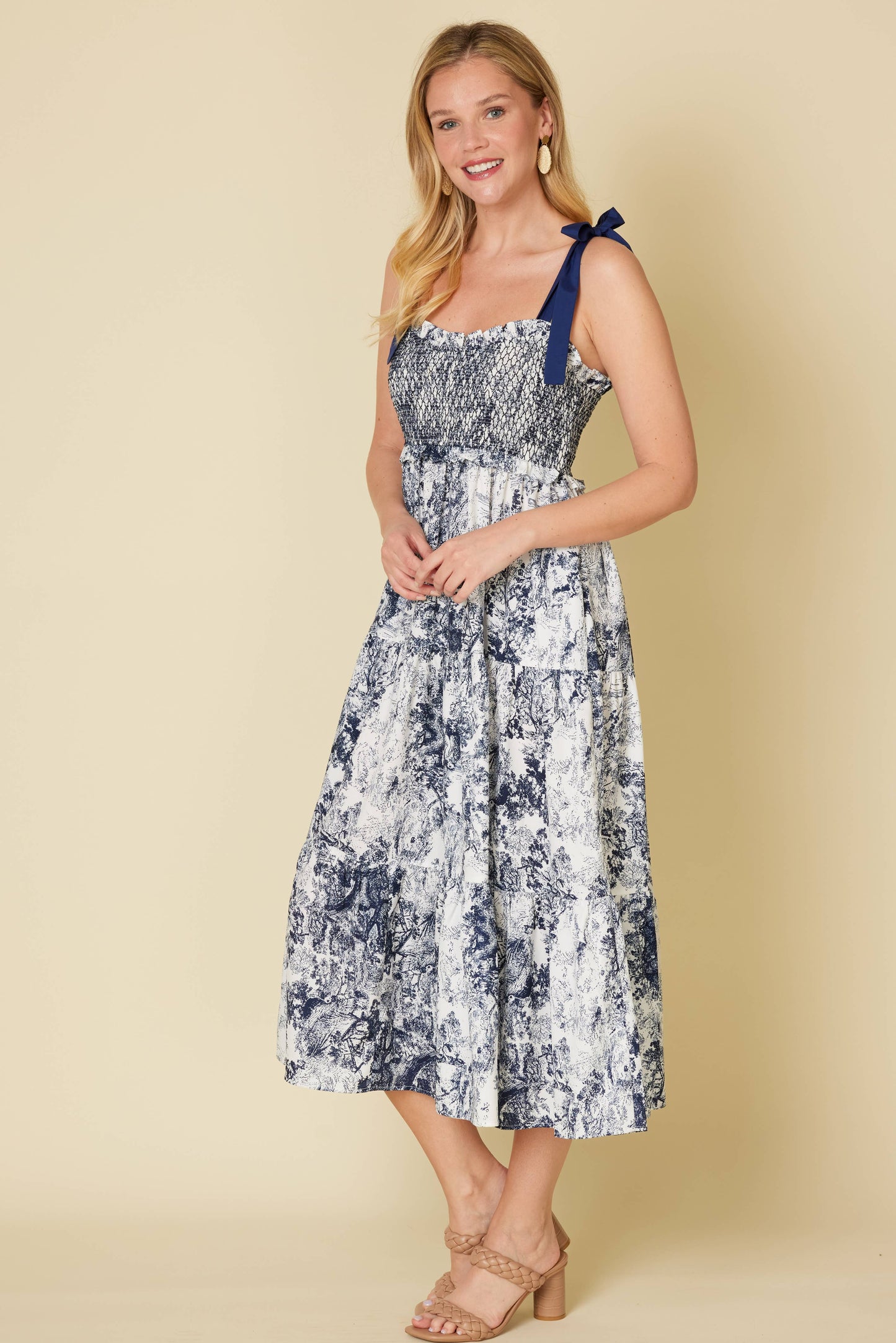 Blue White Pattered Midi Dress Tie Shoulders