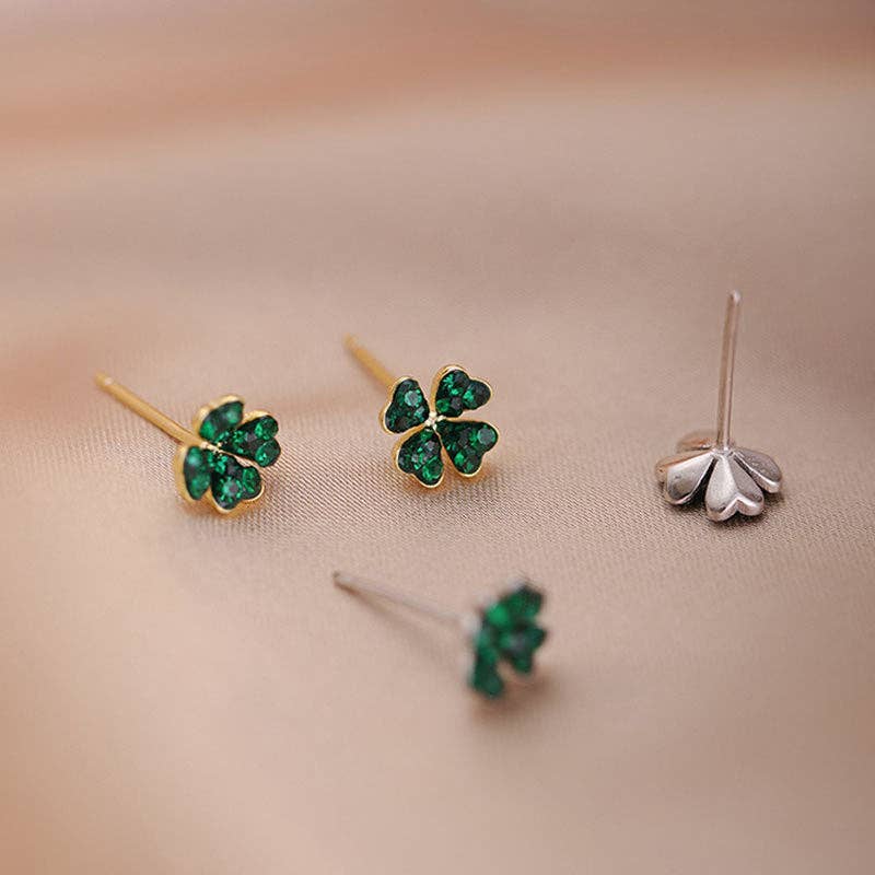 Green Four Leaf Clover Stud Earrings in 925 Sterling Silver