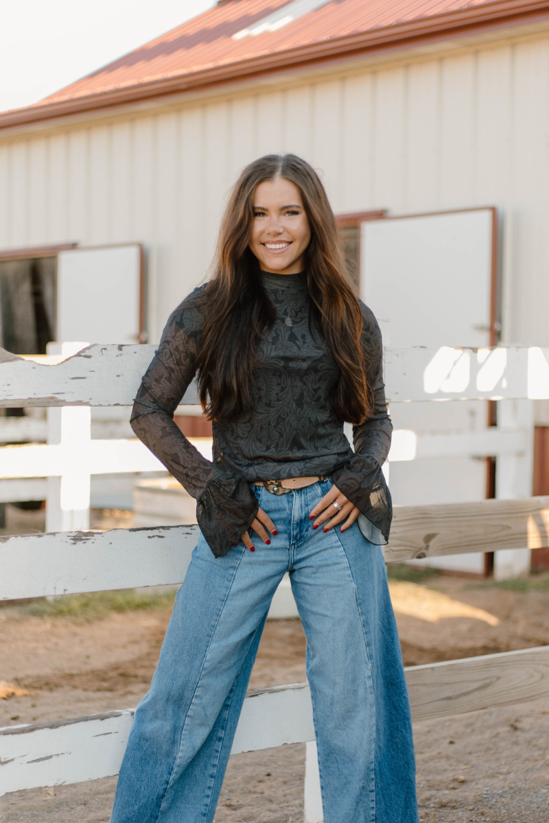 Tooled In Black Mesh Top Bell Sleeves | Queen Bee Boutique