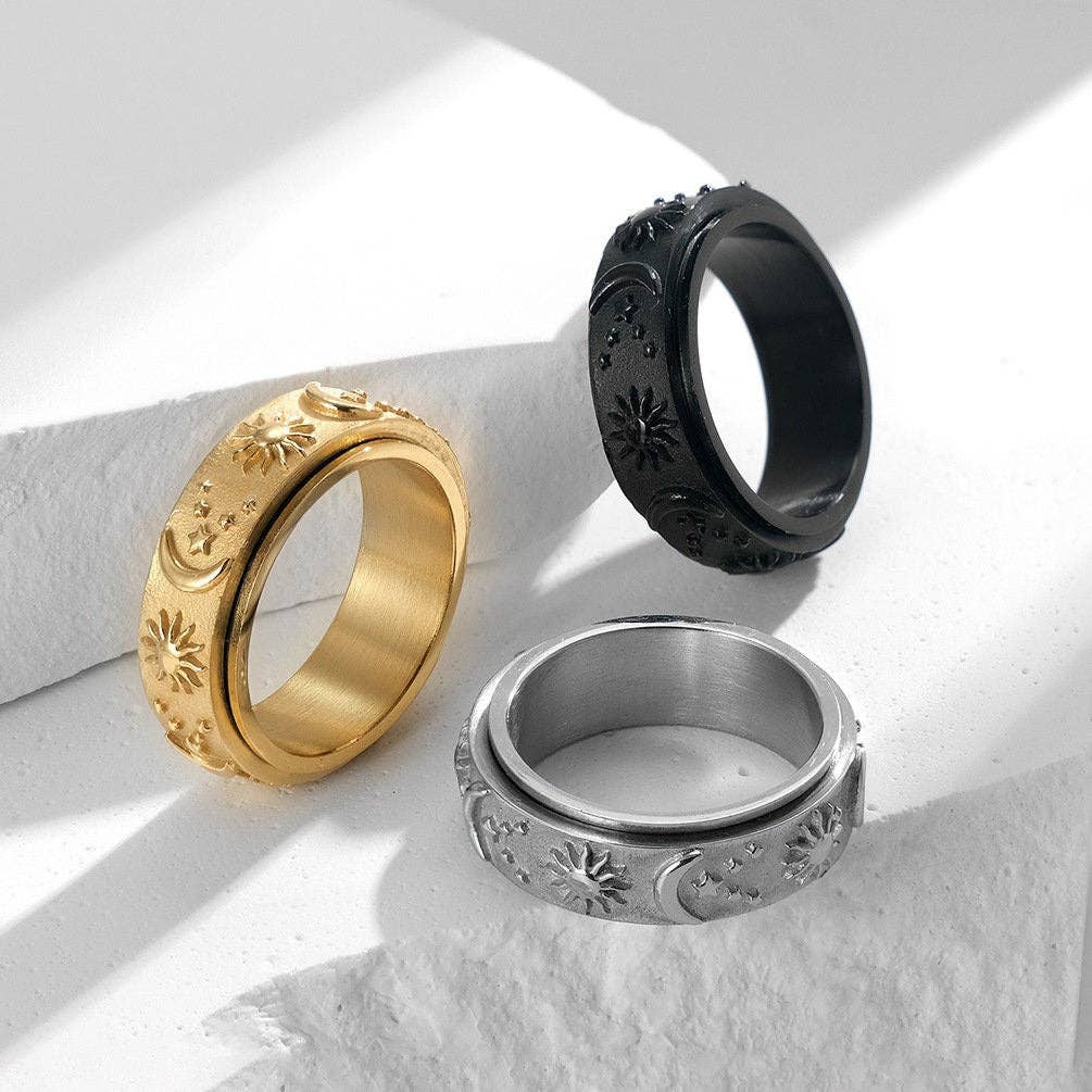 Sun Moon Star Fidget Spinner Band Ring in Stainless Steel