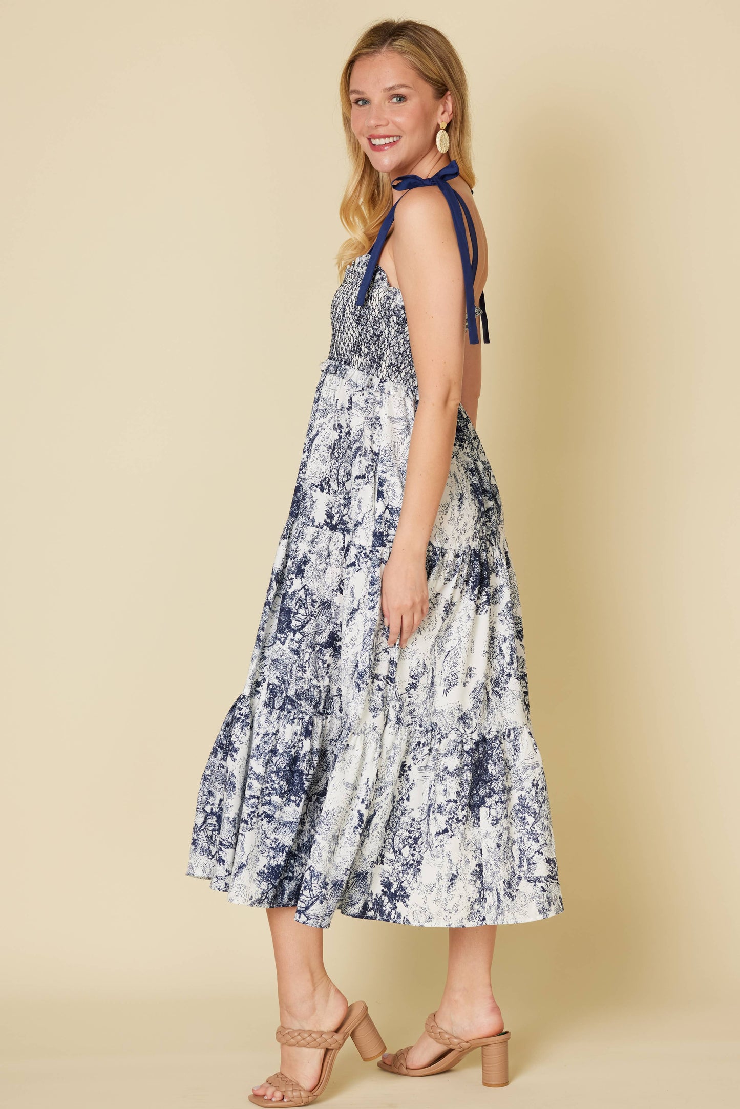 Blue White Pattered Midi Dress Tie Shoulders