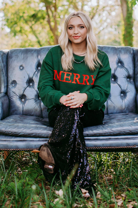 Merry Christmas Red Sequins Green Sweatshirt
