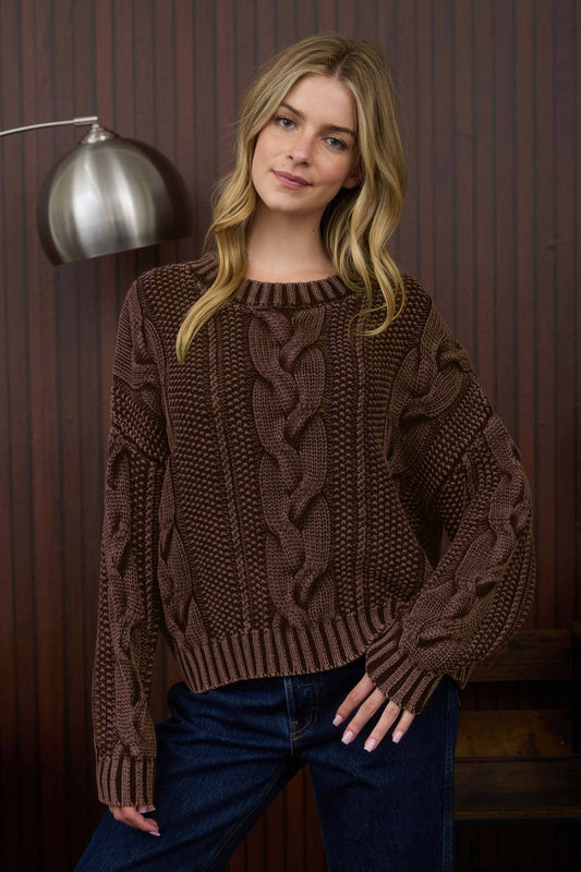 WASHED CABLE KNIT PULLOVER SWEATER