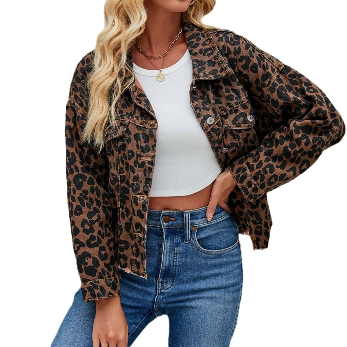 Semi Cropped Leopard Print Denim Jacket | Queen Bee Boutique
