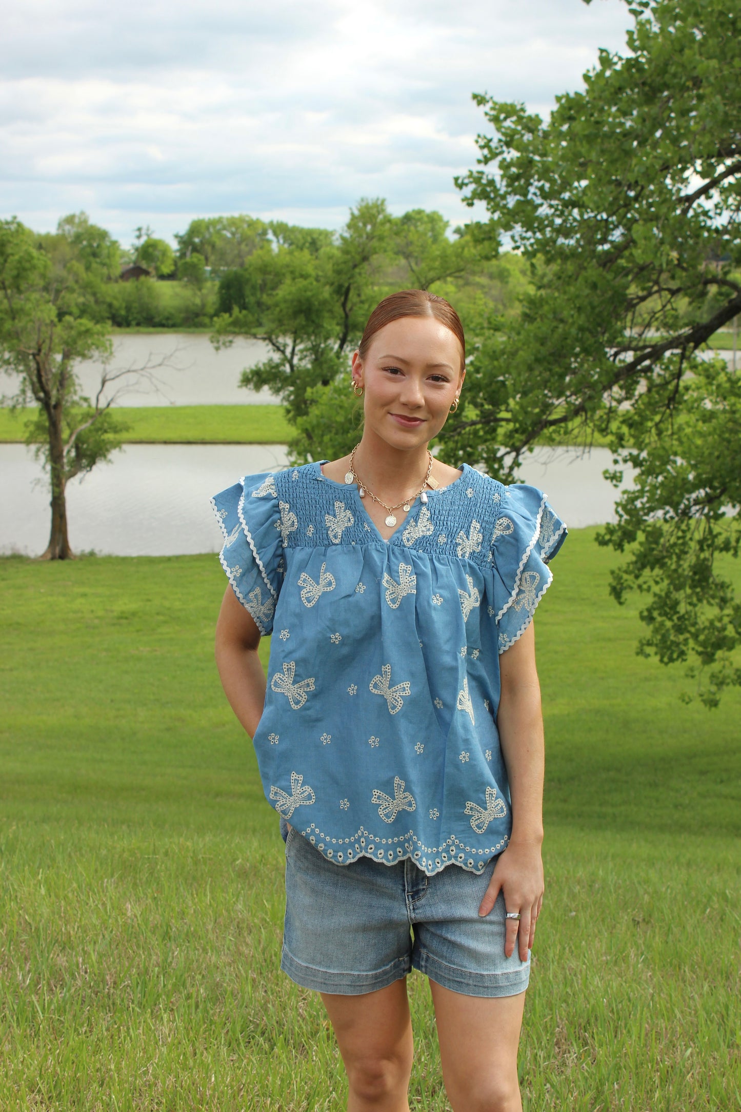 Denim Blue Bow Embroidery Top