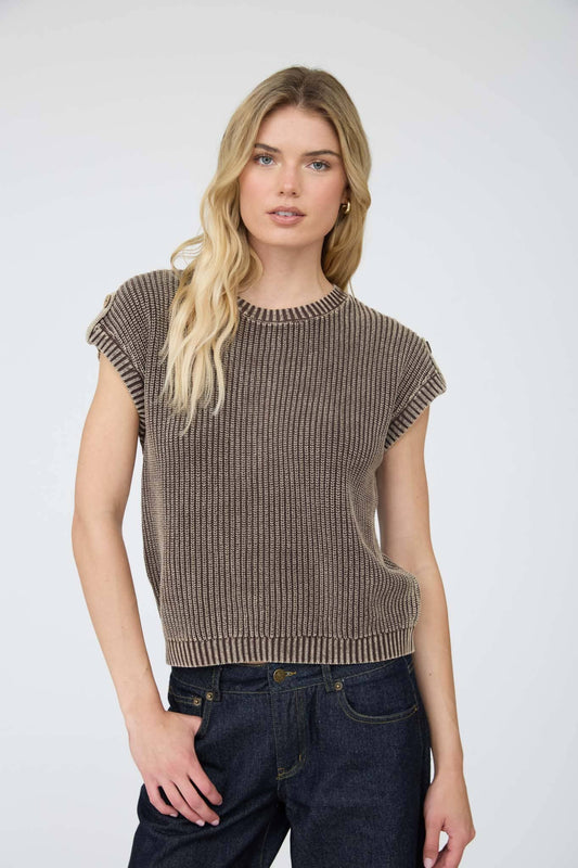 ACID WASHED TAB SLEEVE BACK BUTTON KNIT TOP | Queen Bee Boutique
