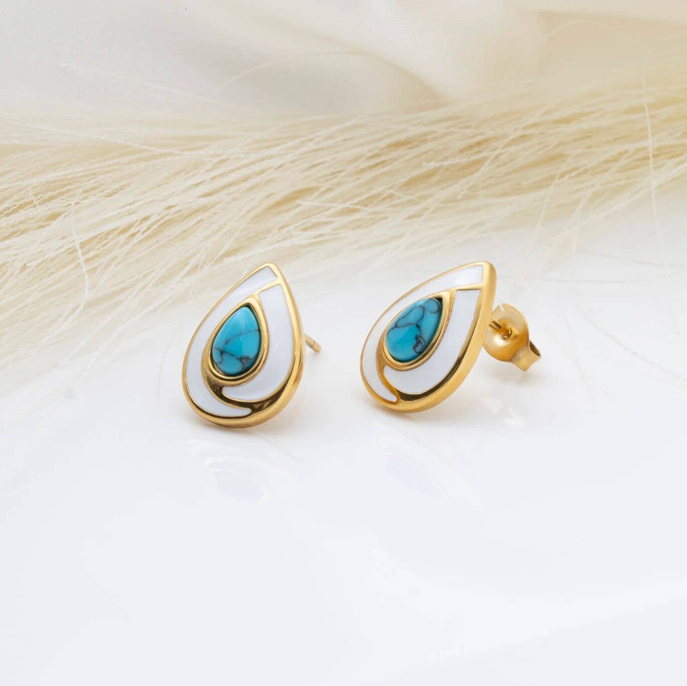 18K Gold Stainless Steel Turquoise Tear Drop Stud Earrings