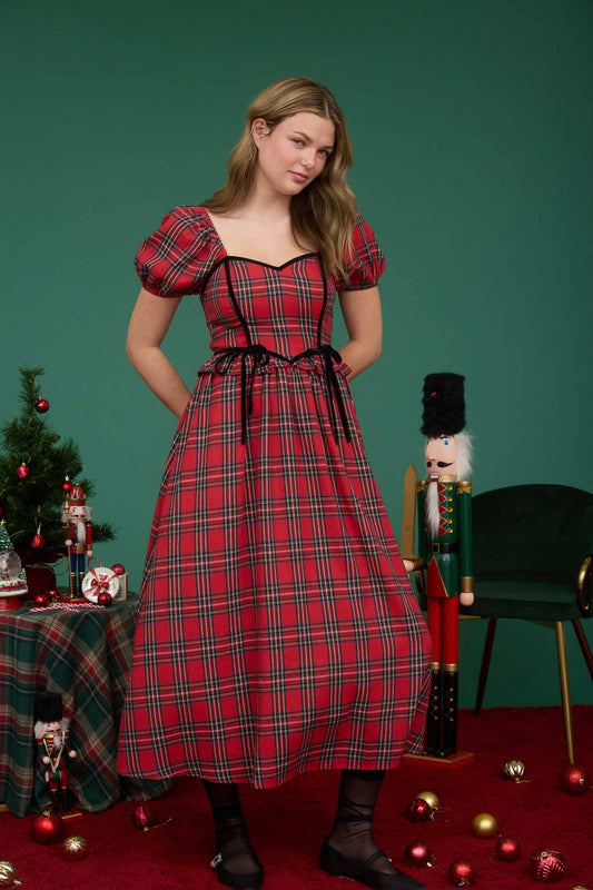 HOLIDAY PLAID PUFF MIDI DRESS