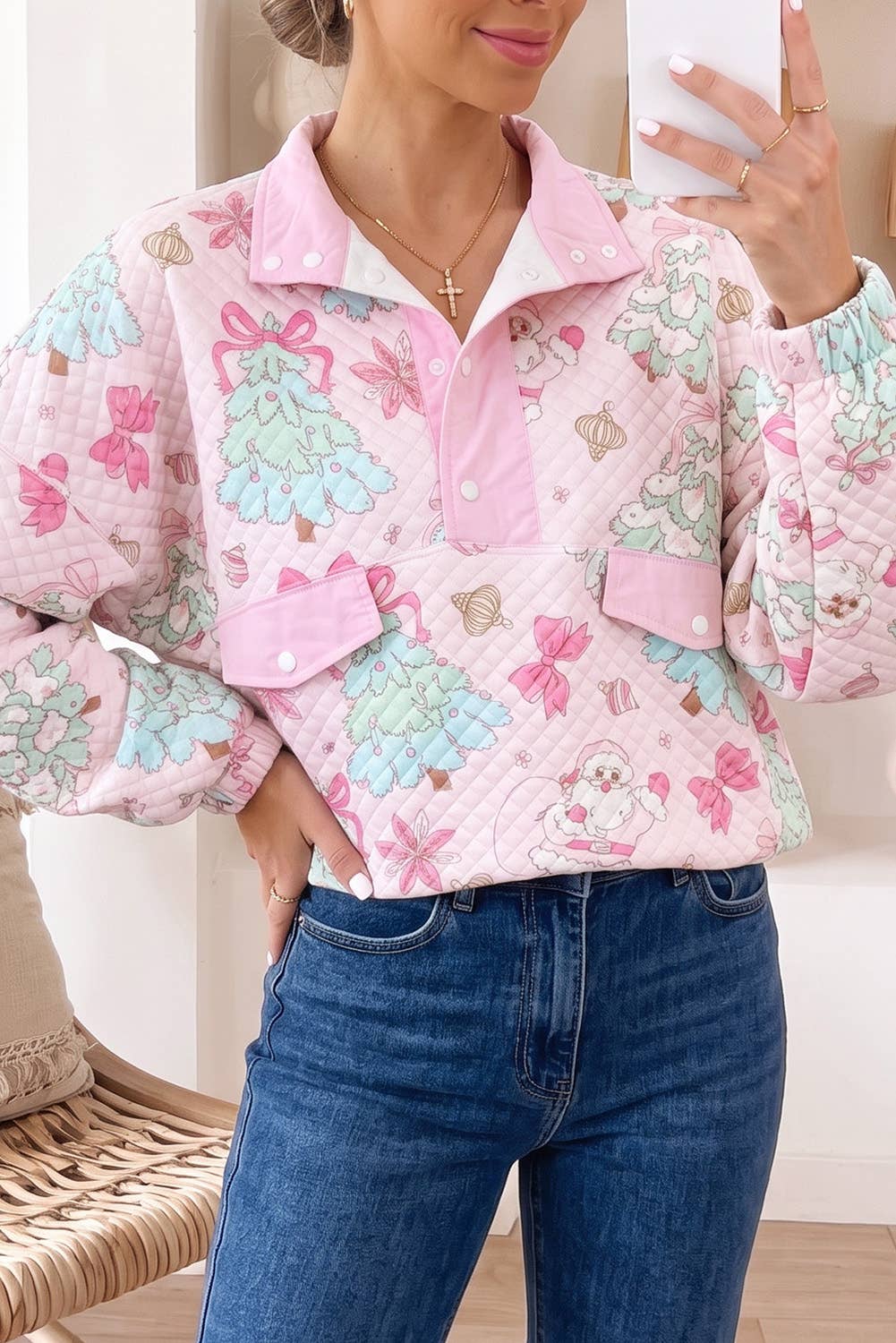 Pink Christmas Print Collar Half Button Sweatshirt | Queen Bee Boutique