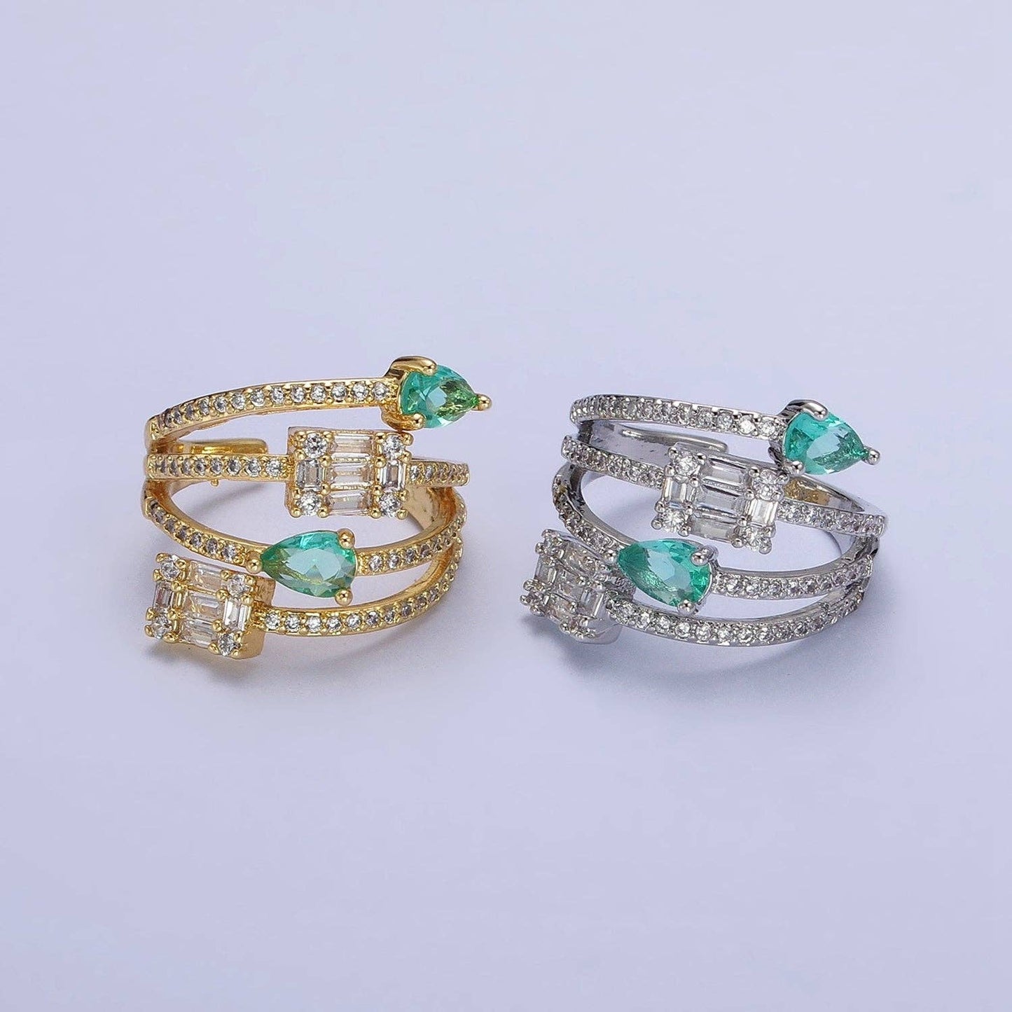 Aqua Tear Drop CZ Gold Wrap Baguette Stacking Ring