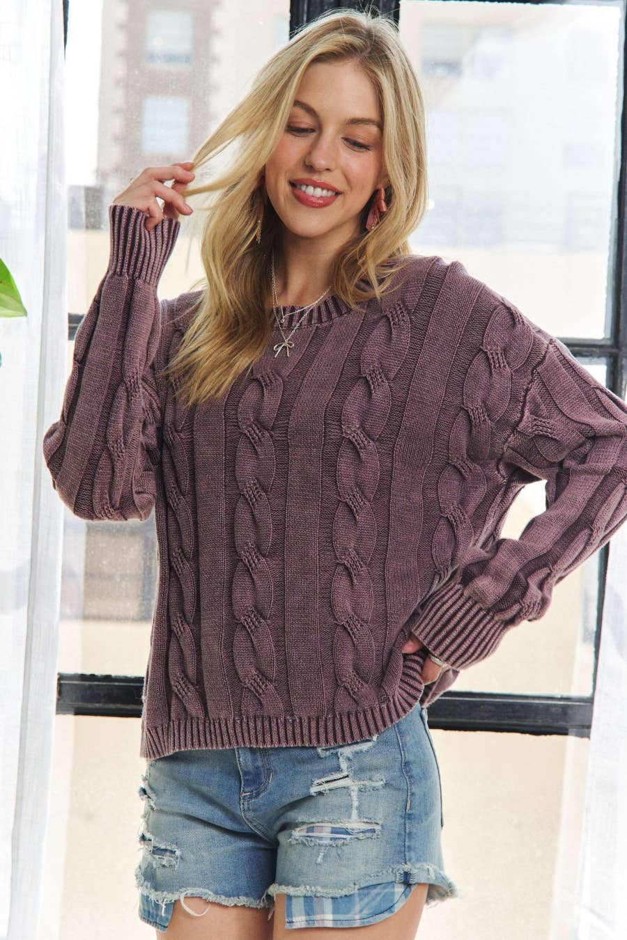 MINERAL WASHED PLUM CABLE KNIT SWEATER TOP