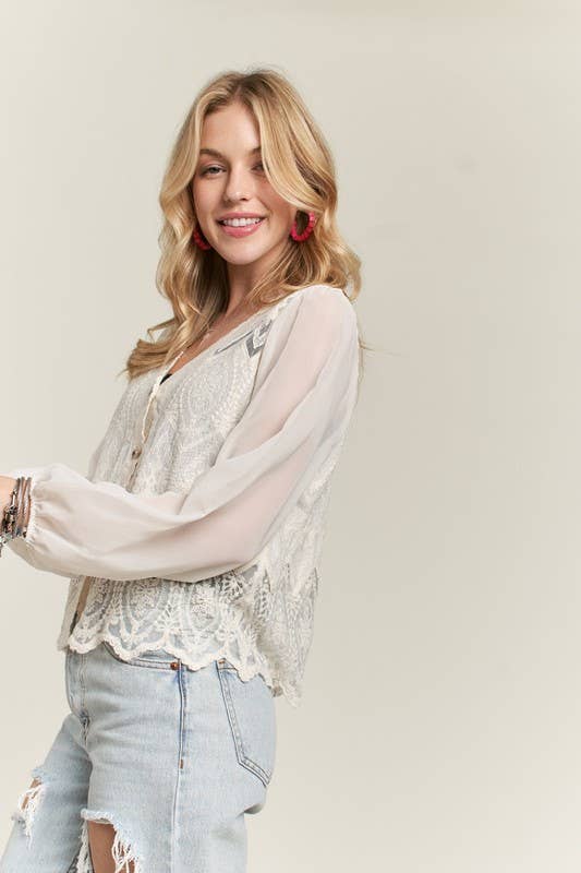 BUTTON DOWN EMBROIDERED WOVEN BOHO BLOUSE | Queen Bee Boutique