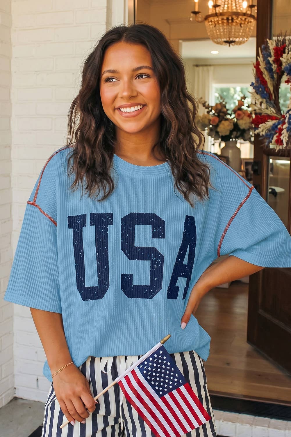 Blue USA Graphic Half Sleeve Loose Ribbed Top | Queen Bee Boutique