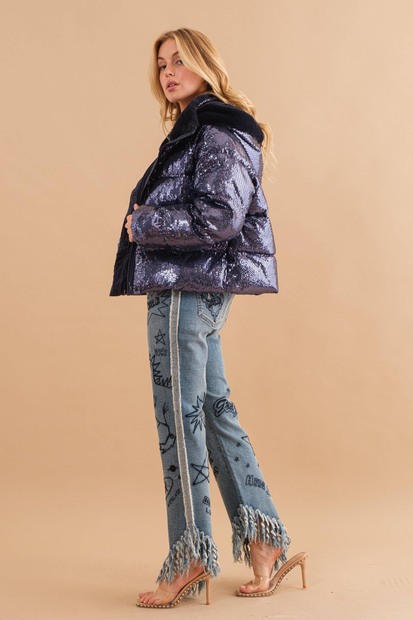 Sequin Puffer Quilted Fur Hooded Zip Up Coat
