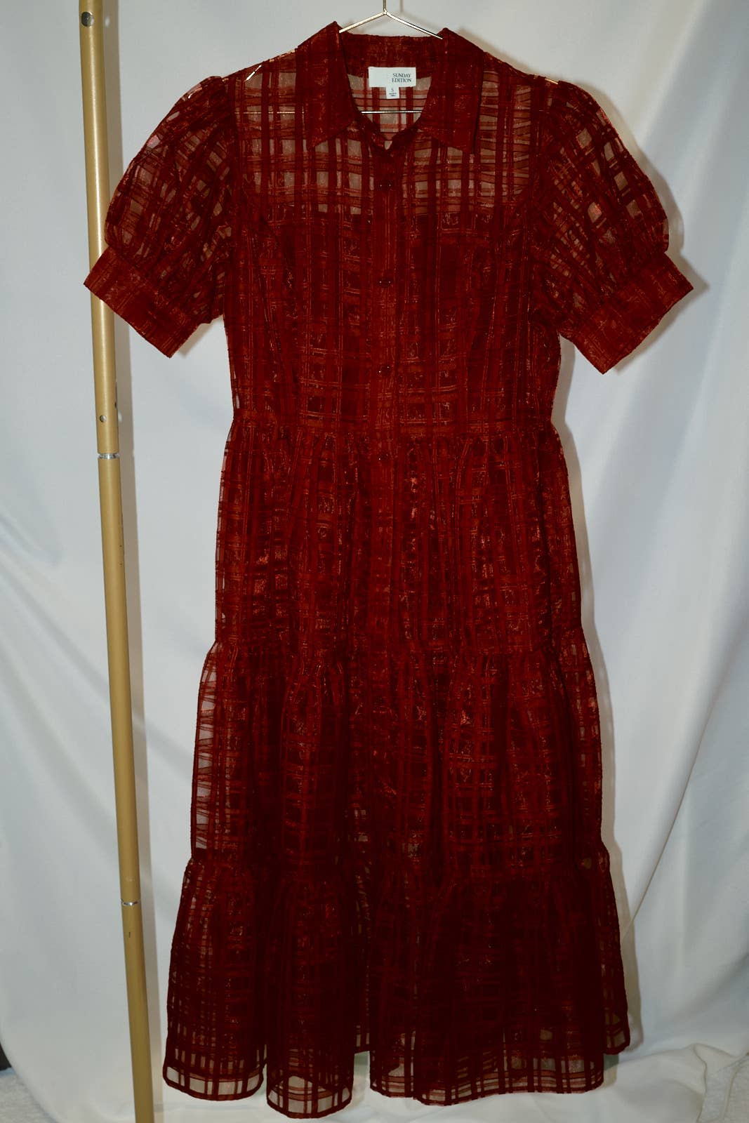 Puff Half Sleeve Sheer Checkered Tiered Shirt Midi Dress