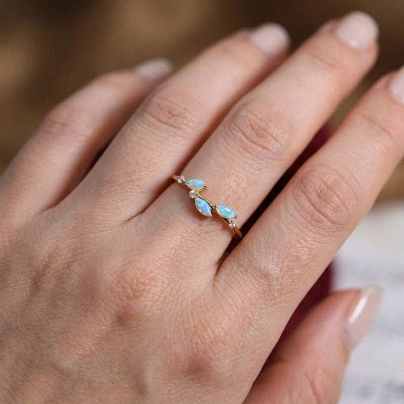Marquise Opal Leaf Cluster Band Ring Sterling Gold Plated