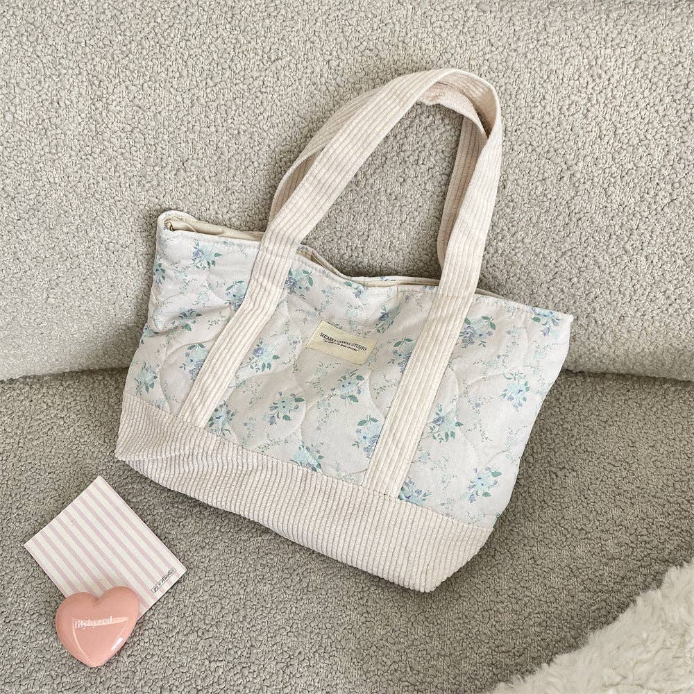 Floral Canvas Tote Bag Blue & Cream | Queen Bee Boutique