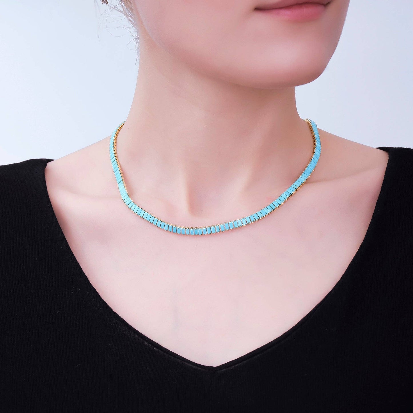 24K Gold  Blue Turquoise Baguette Tennis Chain Necklace | Queen Bee Boutique