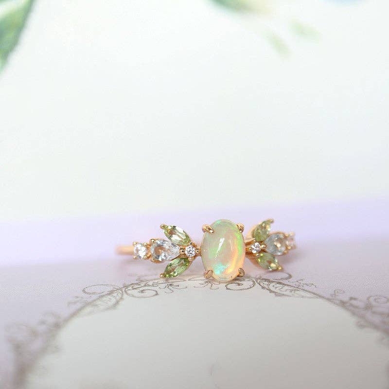 Dainty Gold Opal Leaf Stacking Band Ring in Solid Copper