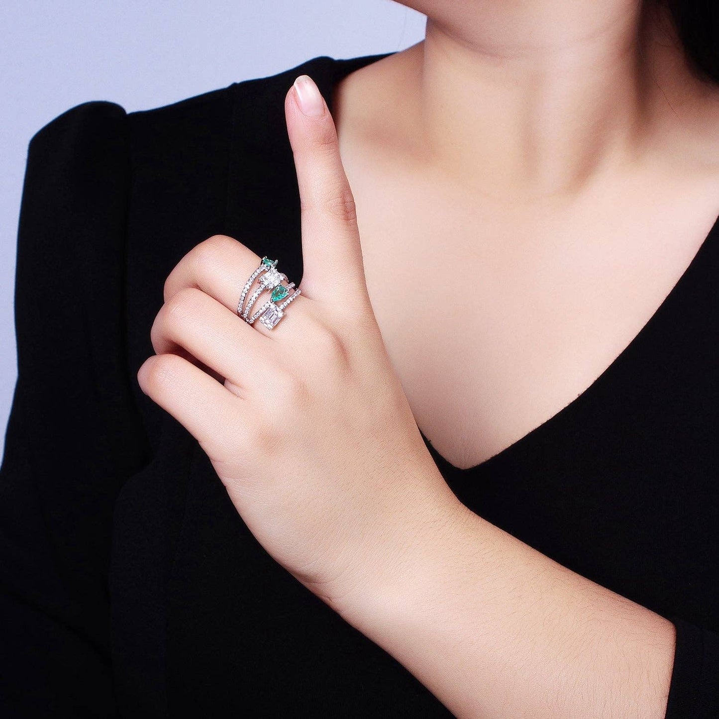 Aqua Tear Drop CZ Gold Wrap Baguette Stacking Ring