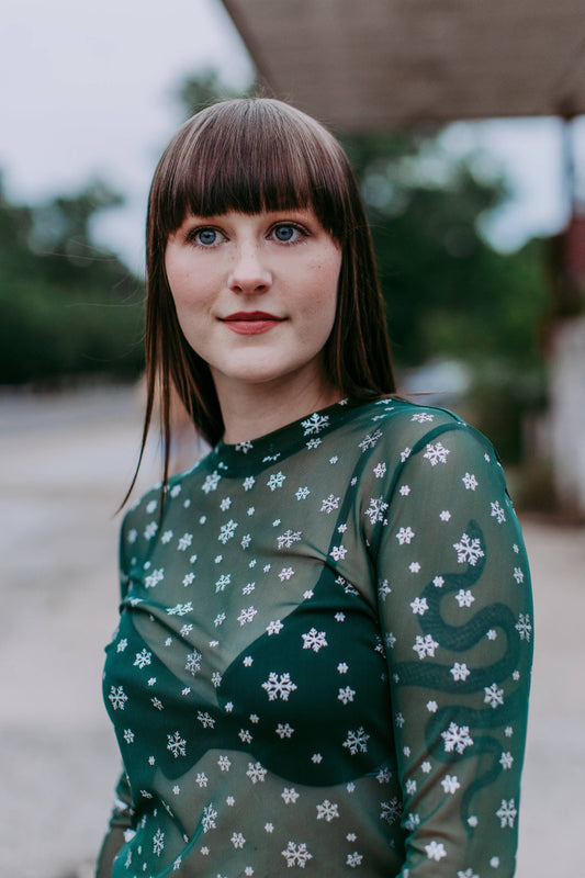 Sparkle Foil Snowflake Mesh Top