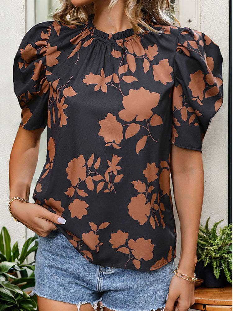 Black Tan Floral Print Puff Sleeve Blouse Chic Classic | Queen Bee Boutique