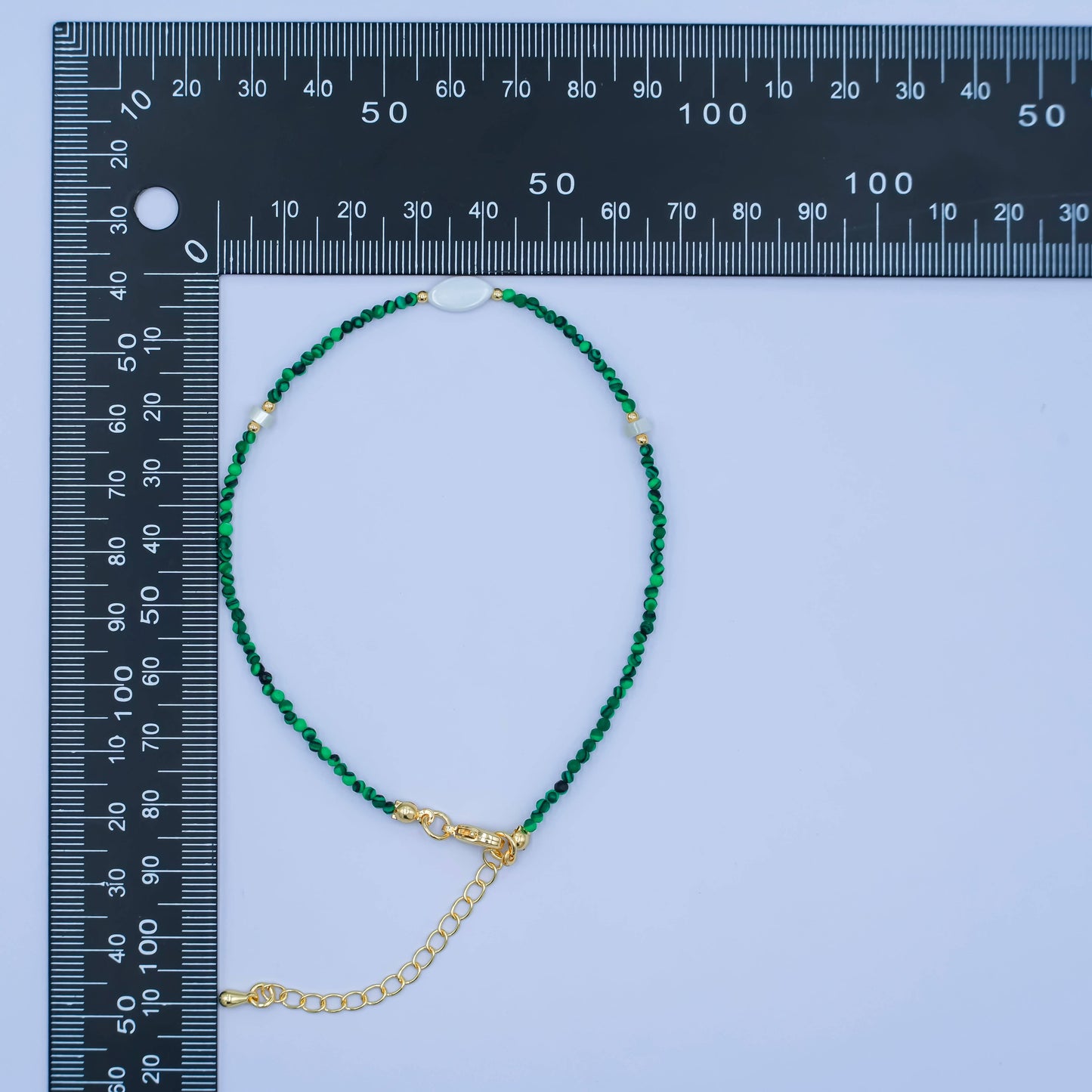 24K Gold Filled 2mm Shell Pearl Malachite Multifaceted Gemstone 9 Inch Anklet Bracelet | WA-2946