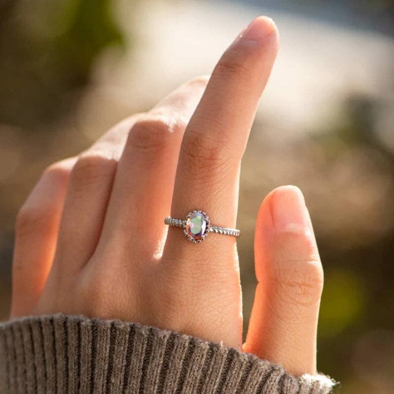Oval-Cut Aurora Crystal Band Ring in 925 Sterling Silver