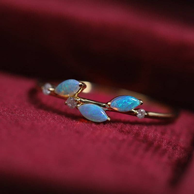Marquise Opal Leaf Cluster Band Ring Sterling Gold Plated