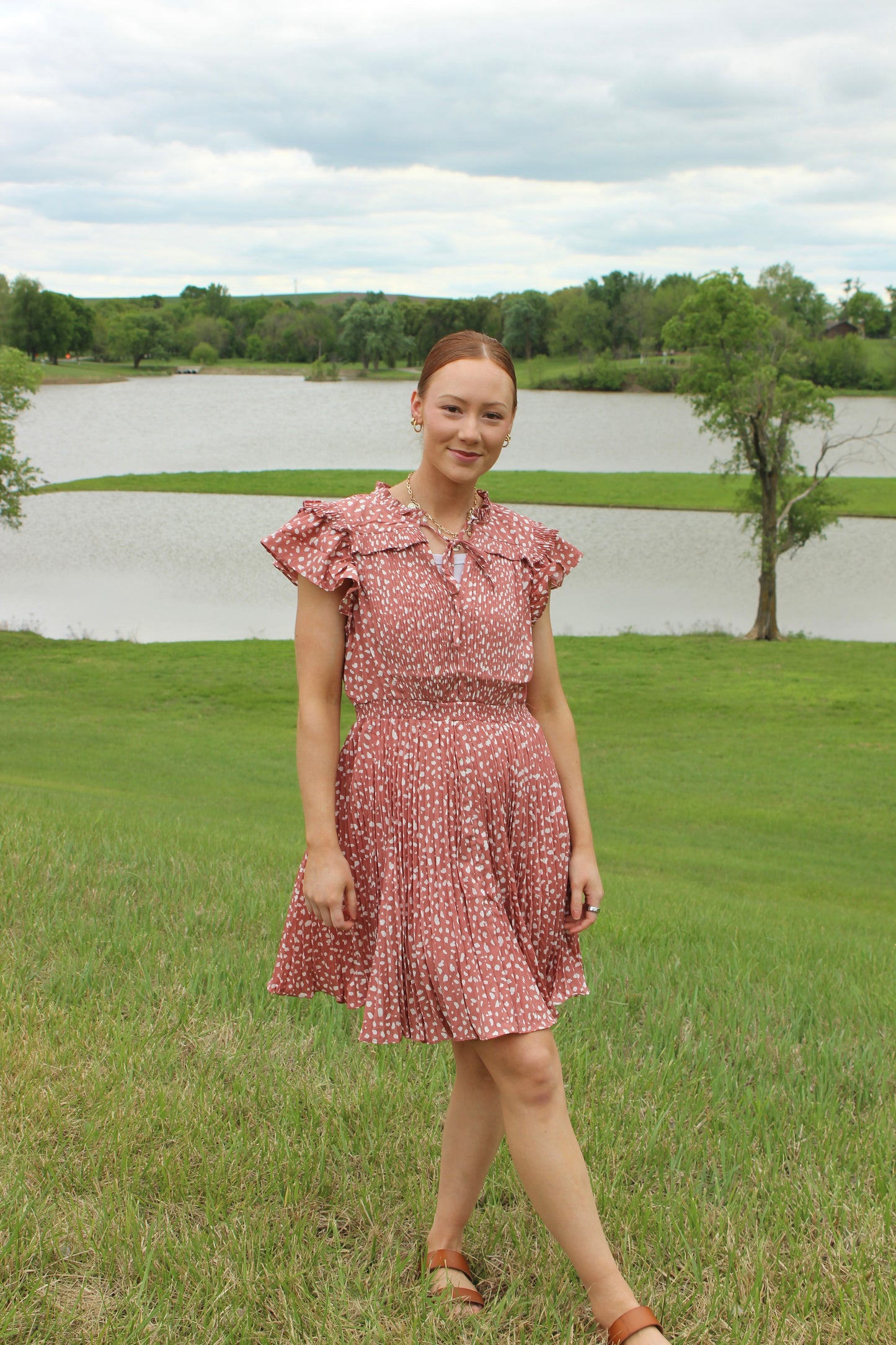 Pleated Rose Cream Dress Flutter Sleeve | Queen Bee Boutique