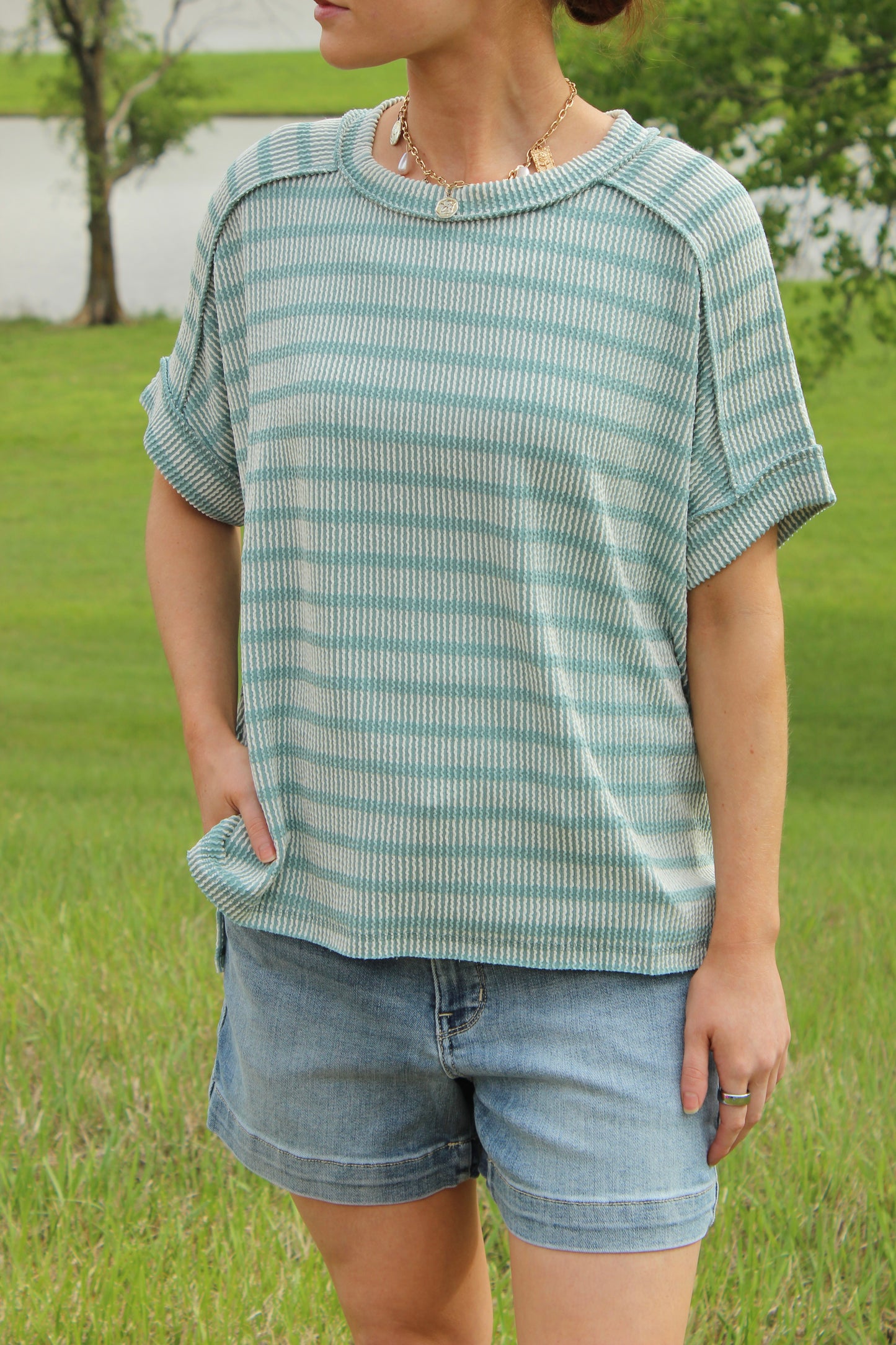 Ribbed Striped Exposed Seam Top Comfort Dolman Sleeve | Queen Bee Boutique
