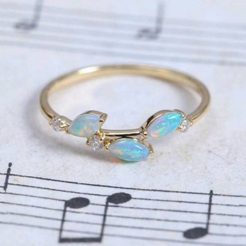 Marquise Opal Leaf Cluster Band Ring Sterling Gold Plated