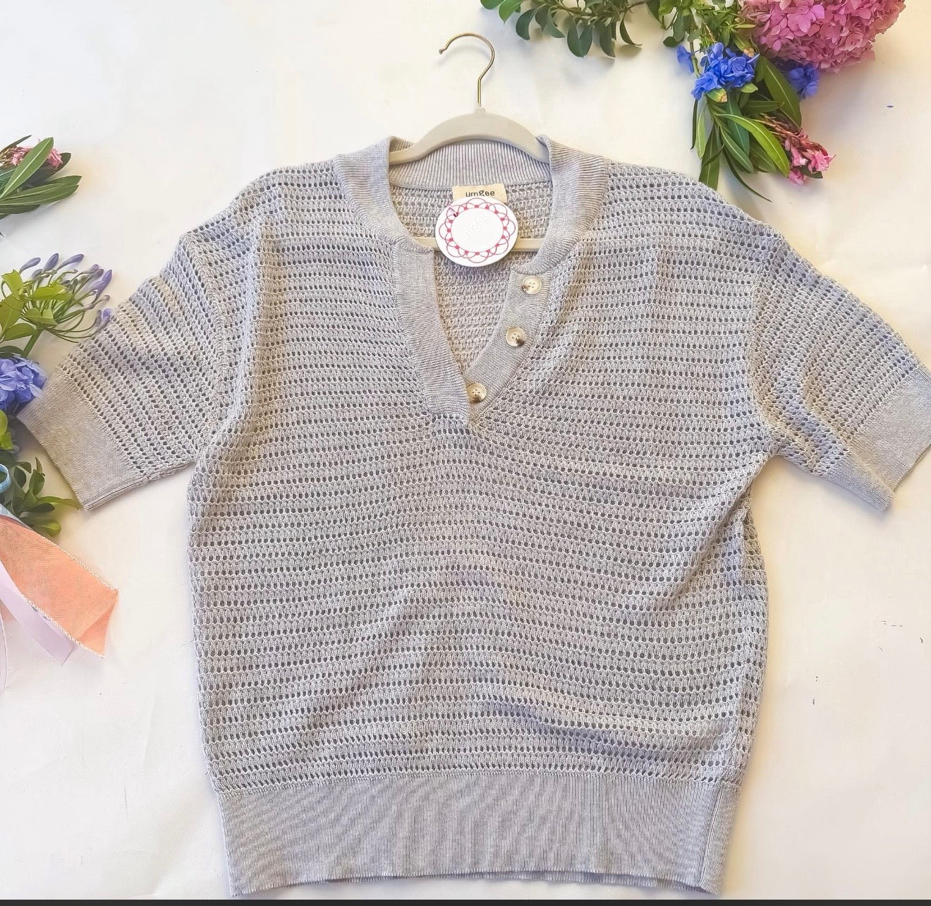 Grey Knit Crochet 3 Button V Neck Top | Queen Bee Boutique