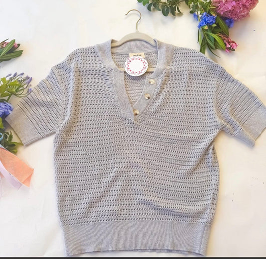 Grey Knit Crochet 3 Button V Neck Top | Queen Bee Boutique