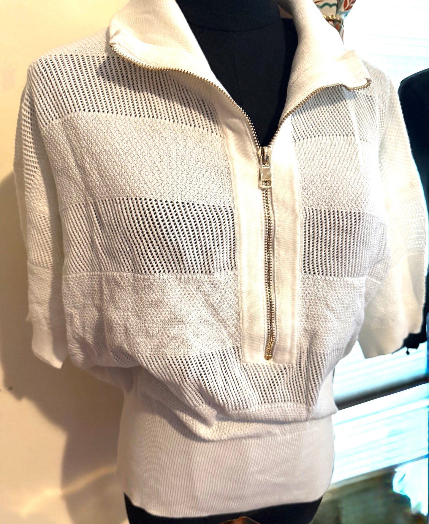 Off White Open Knit Top 1/2 Zip | Queen Bee Boutique