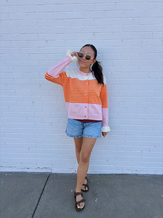 Contrast Stripe Button Front Cardigan