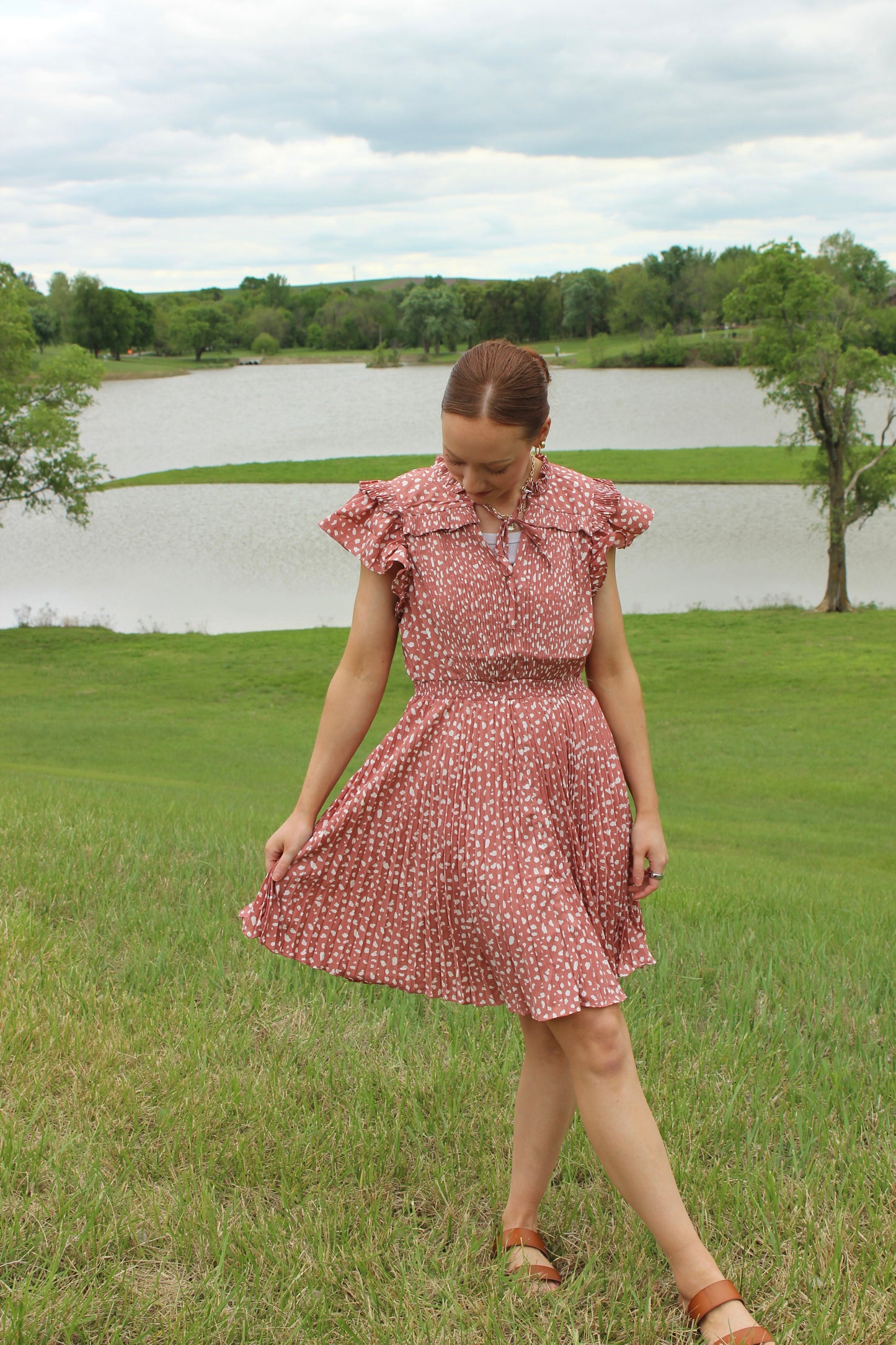 Pleated Rose Cream Dress Flutter Sleeve | Queen Bee Boutique