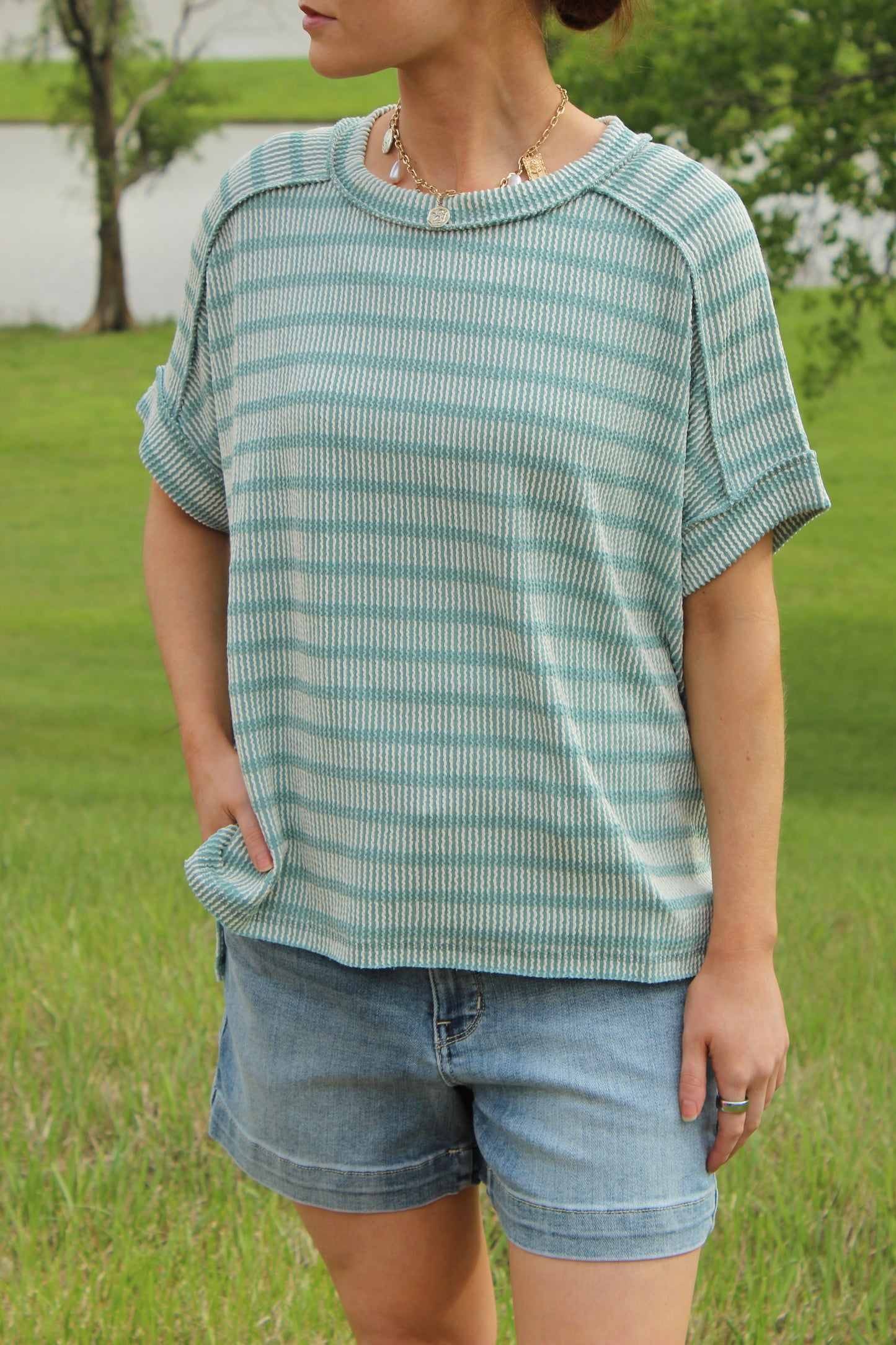 Ribbed Striped Exposed Seam Top Comfort Dolman Sleeve | Queen Bee Boutique