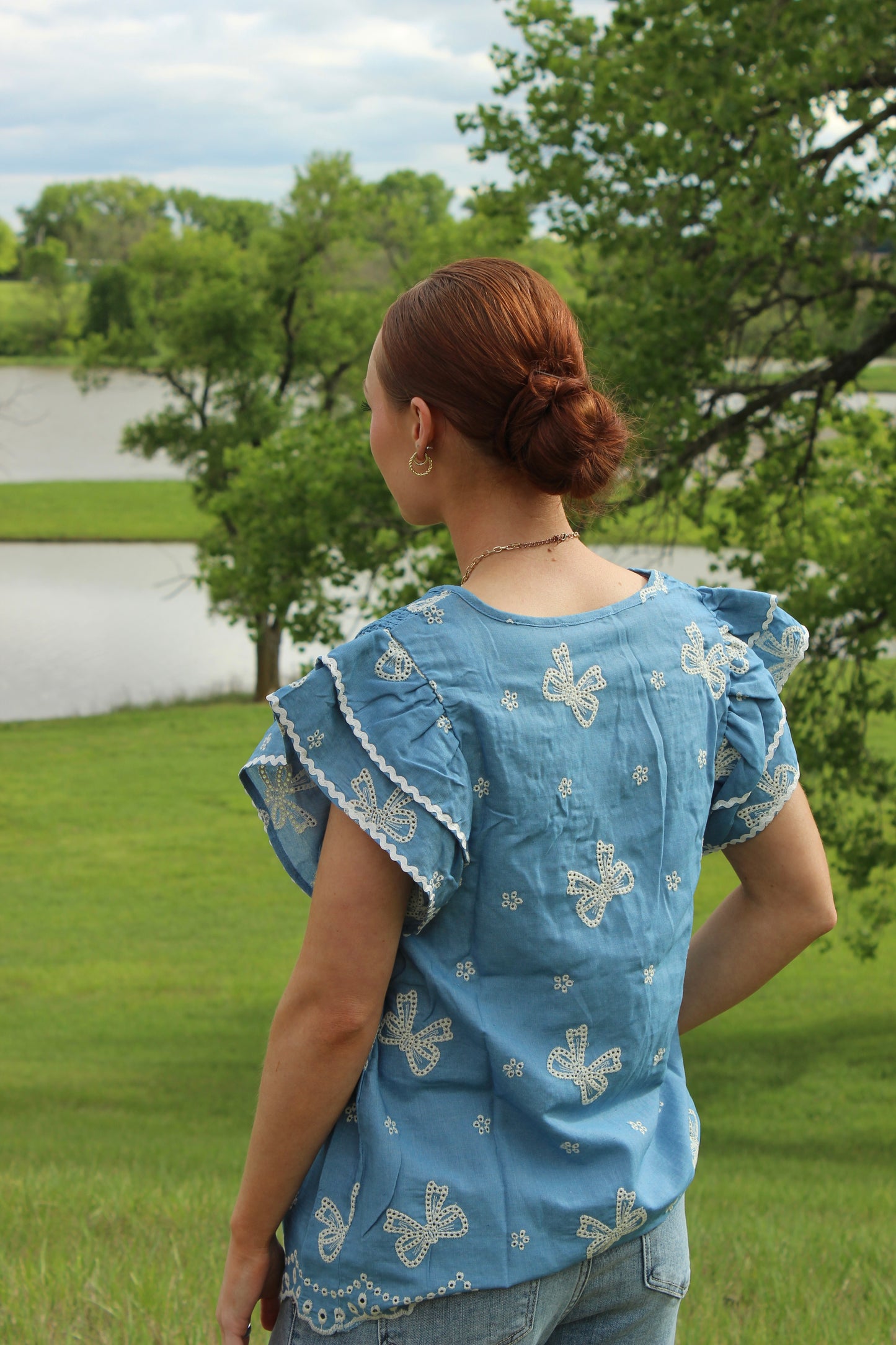 Denim Blue Bow Embroidery Top