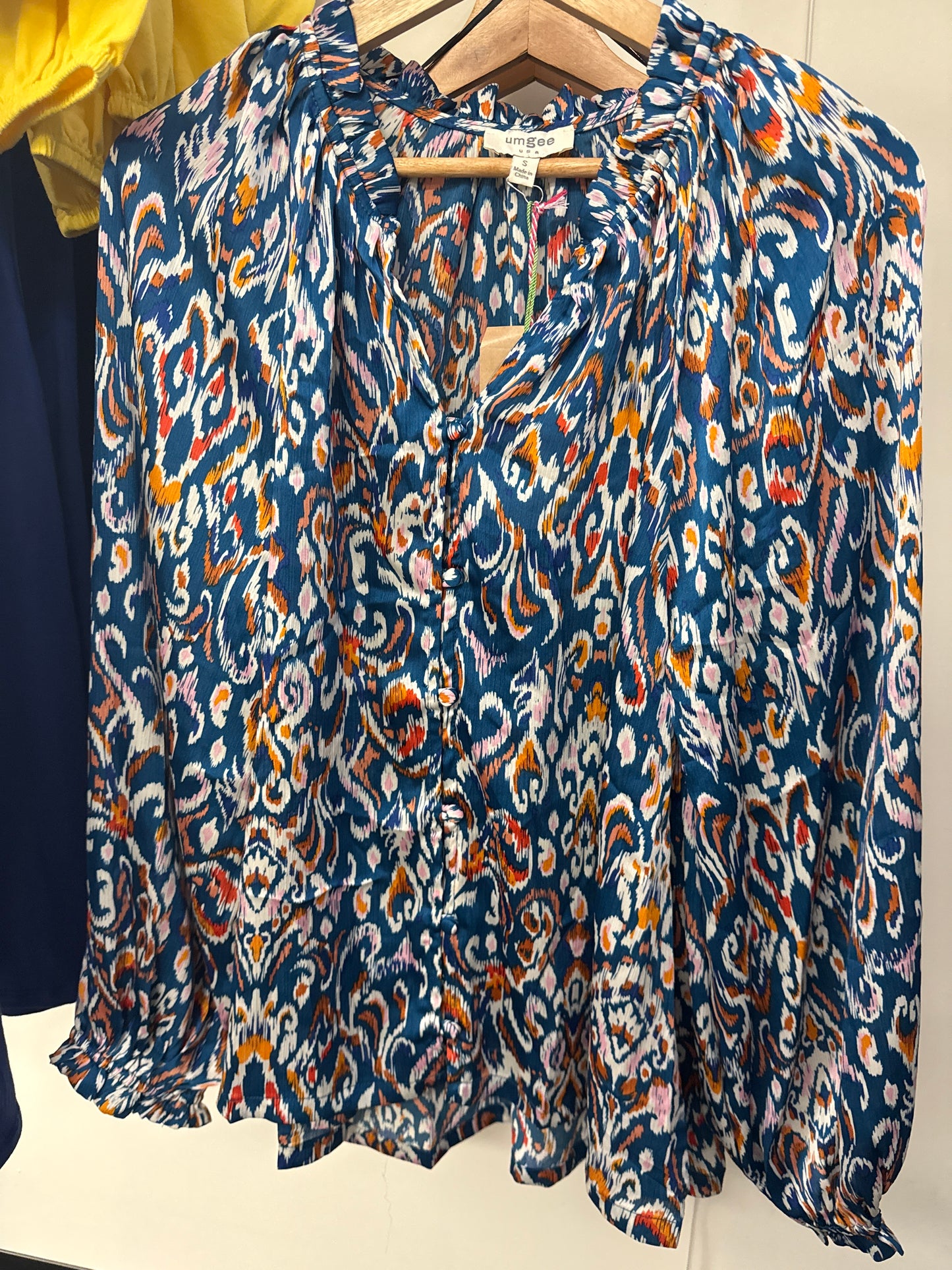 Navy Orange White Paisley Silky Dress Top | Queen Bee Boutique