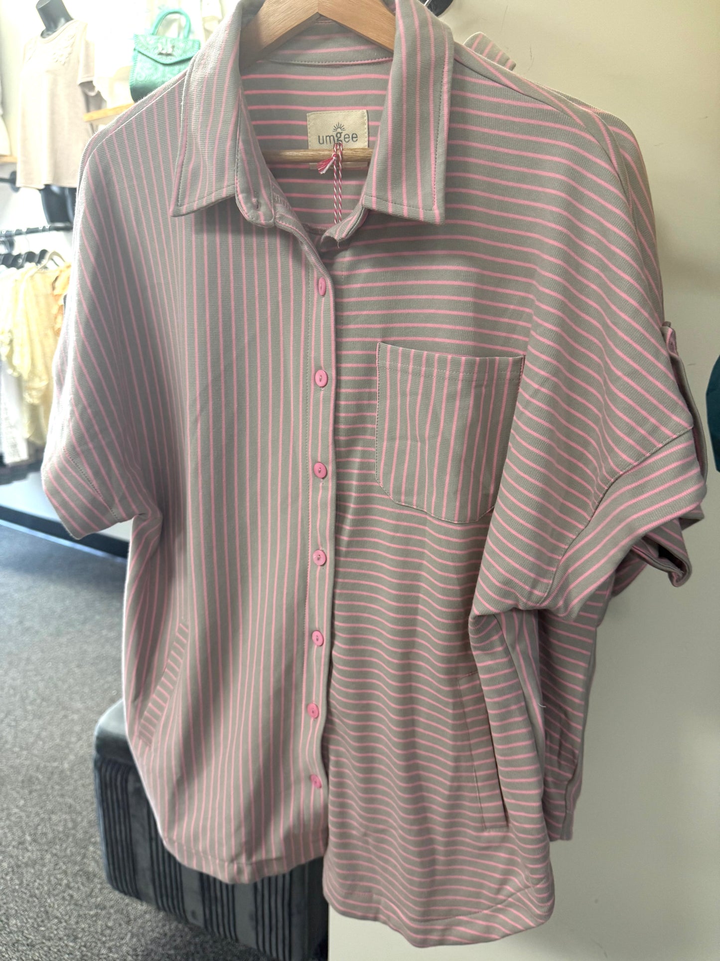 Pink Grey Polo Stripe Top | Queen Bee Boutique